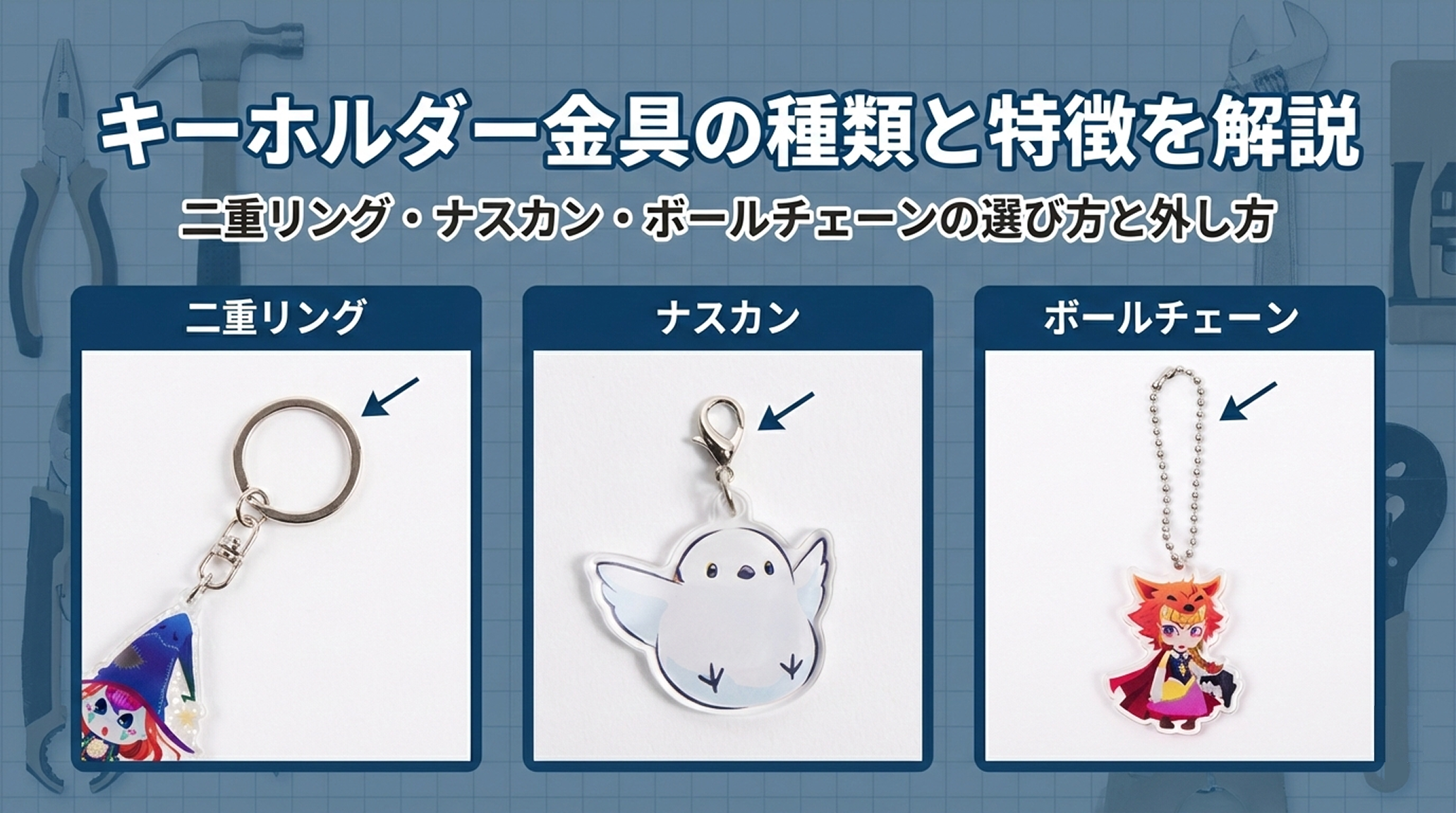 キーホルダー金具の種類と特徴を解説｜二重リング・ナスカン・ボールチェーンの選び方と外し方