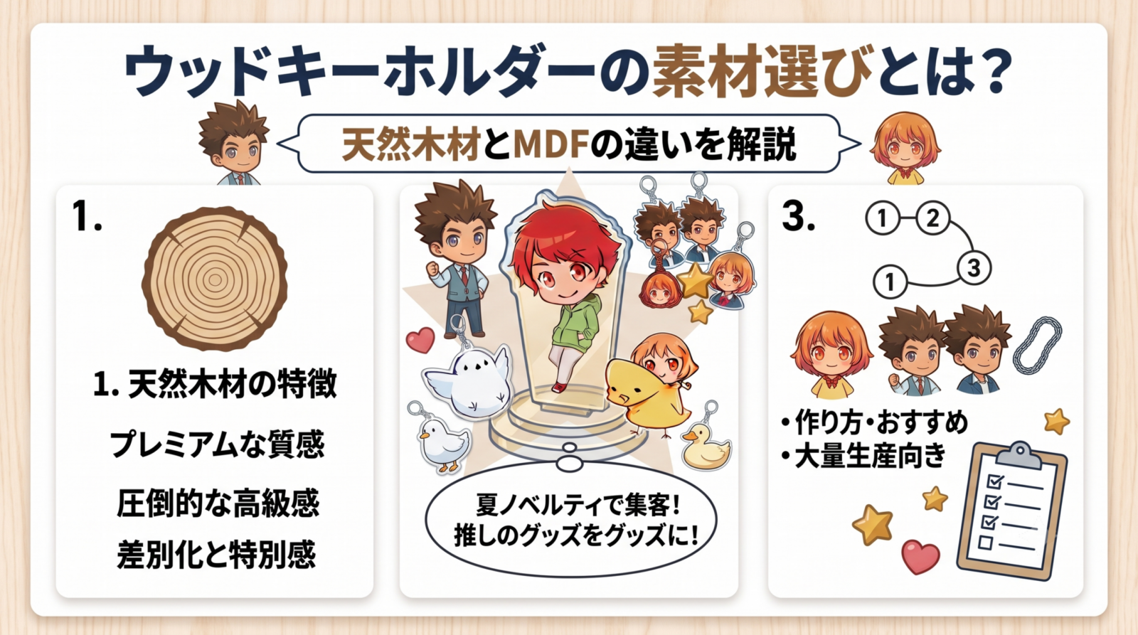 ウッドキーホルダーの素材選びとは？天然木材とMDFの違いや用途別の選び方を解説