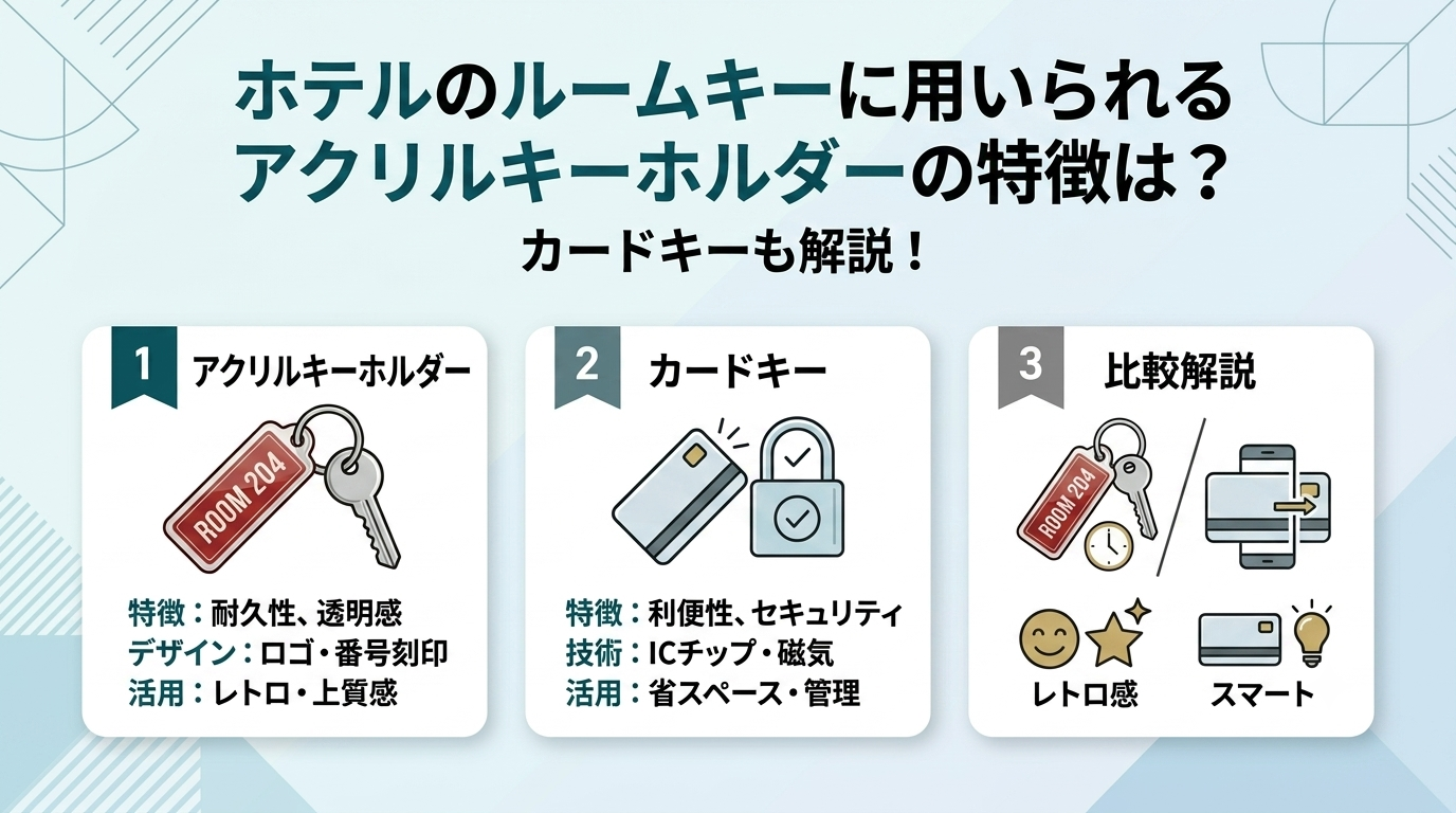 ホテルのルームキーに用いられるアクリルキーホルダーの特徴は？カードキーも解説！