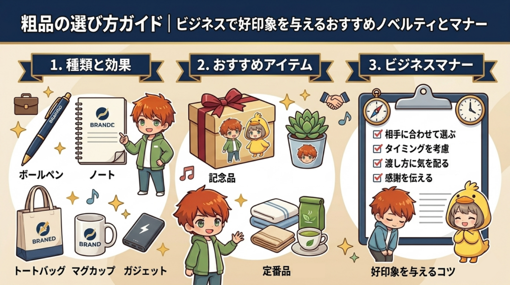 粗品の選び方ガイド｜ビジネスで好印象を与えるおすすめノベルティとマナー