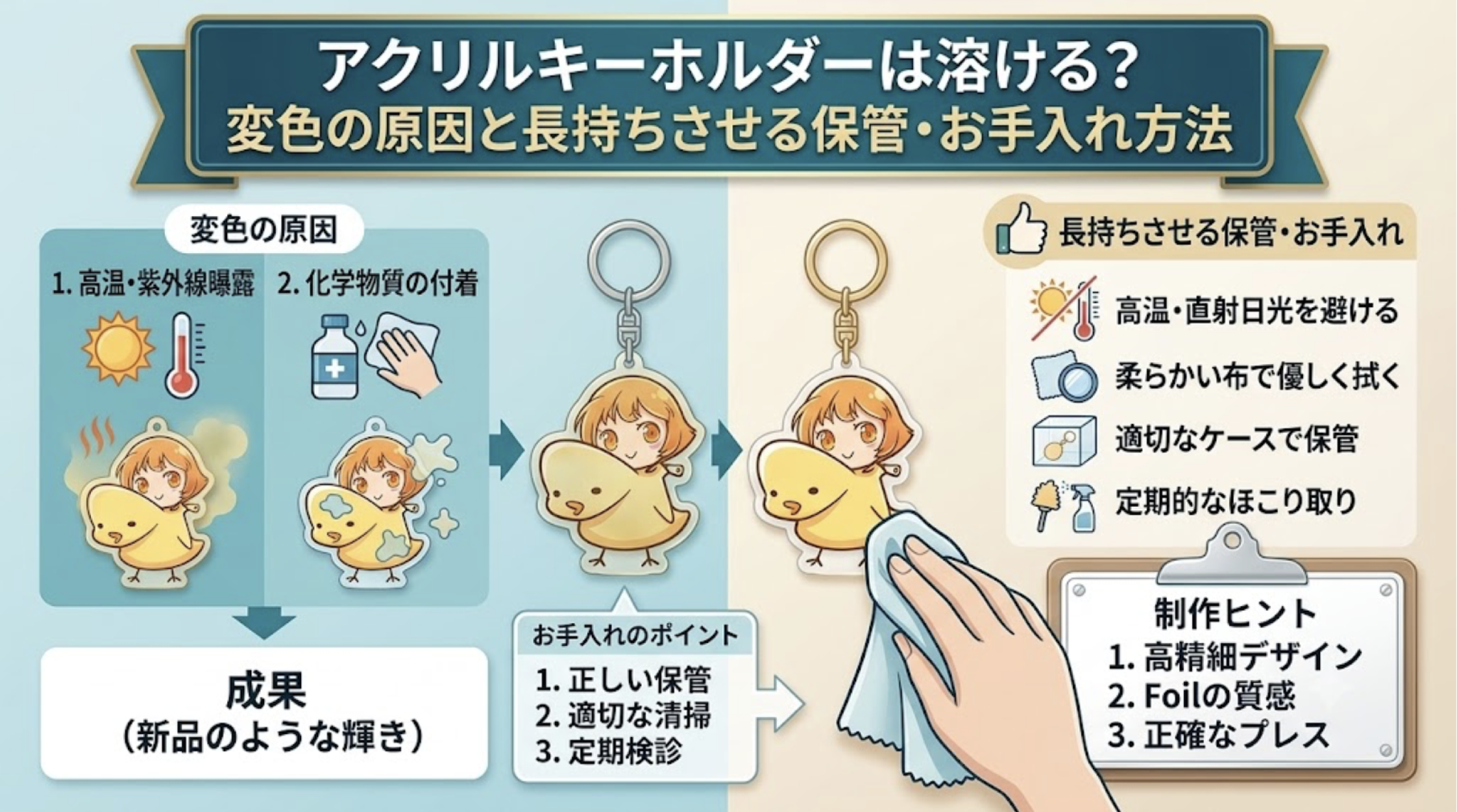 アクリルキーホルダーは溶ける?変色の原因と長持ちさせる保管・お手入れ方法