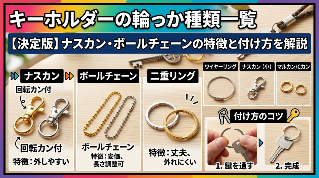 キー/鍵の輪っか種類を比較する解説画像。ナスカン、ボールチェーン、二重リングなどの特徴と付け方を解説。