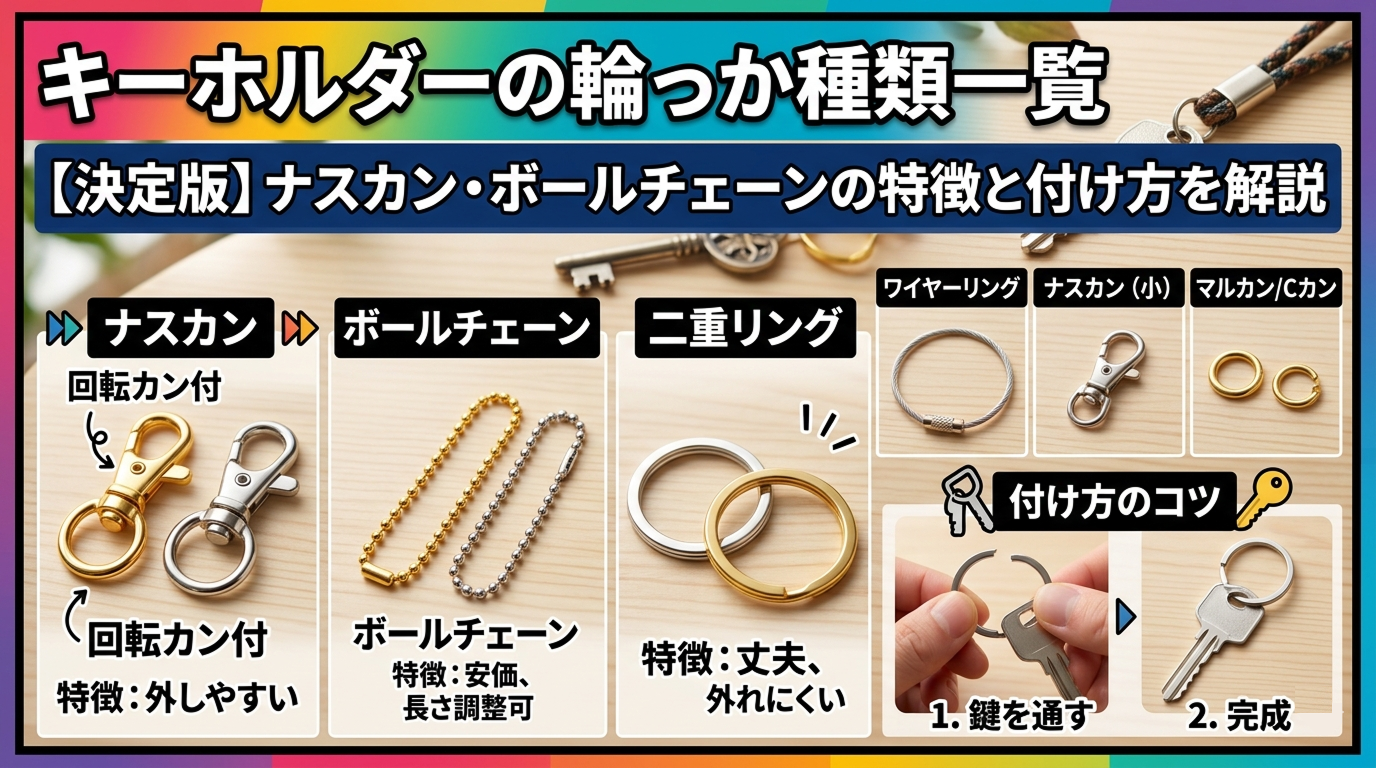 キー/鍵の輪っか種類を比較する解説画像。ナスカン、ボールチェーン、二重リングなどの特徴と付け方を解説。