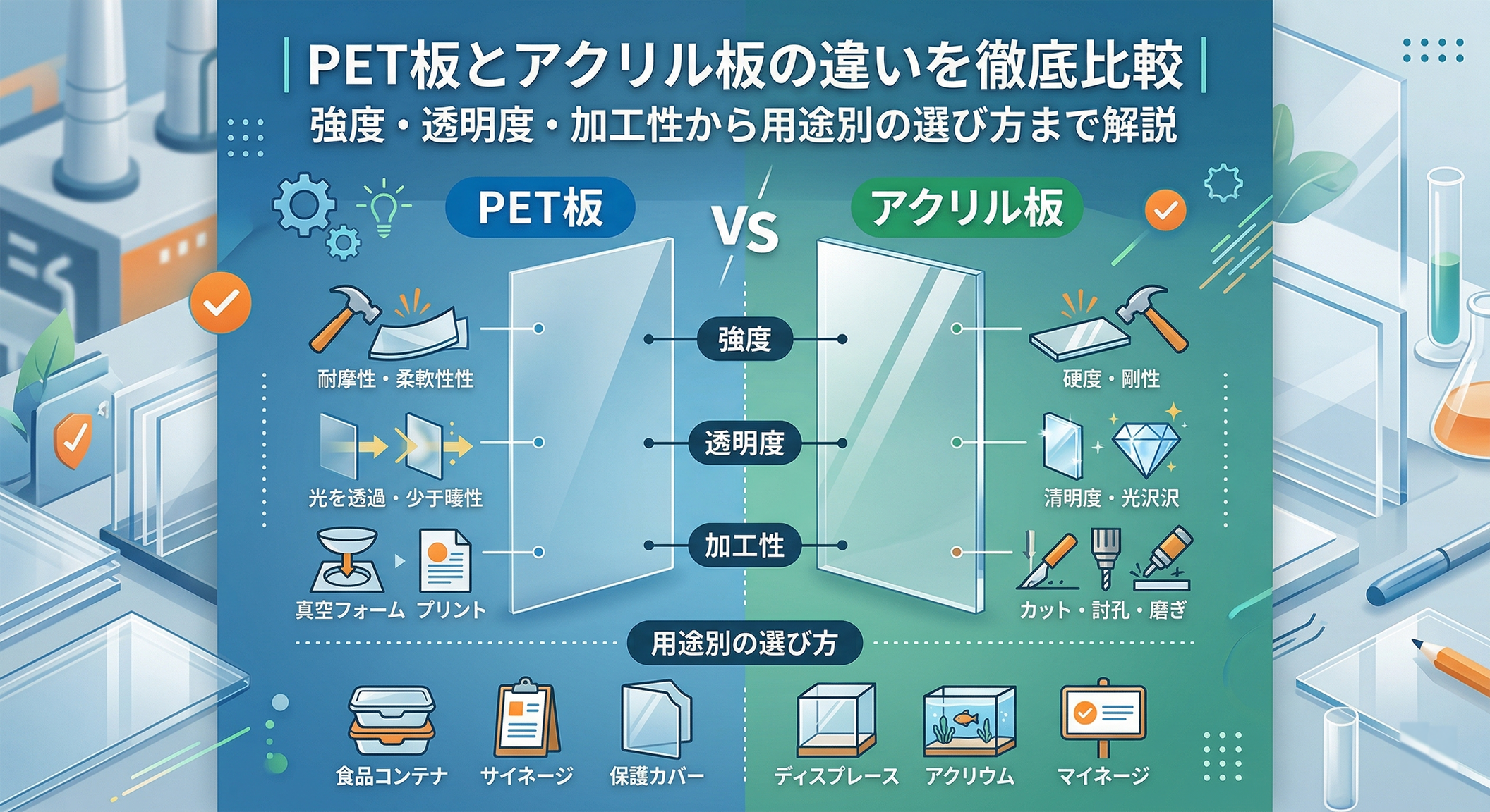 PET板とアクリル板の違いを徹底比較｜強度・透明度・加工性から用途別の選び方まで解説