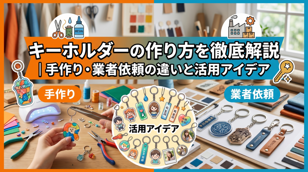 Banner-style craft workspace with scissors, glue, and colorful keychains; Japanese text explains how to make keychains and DIY ideas.