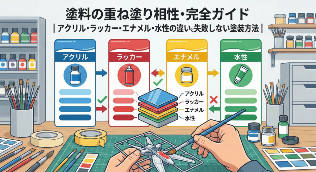 塗料の重ね塗り相性完全ガイド｜アクリル・ラッカー・エナメル・水性の違いと失敗しない塗装方法